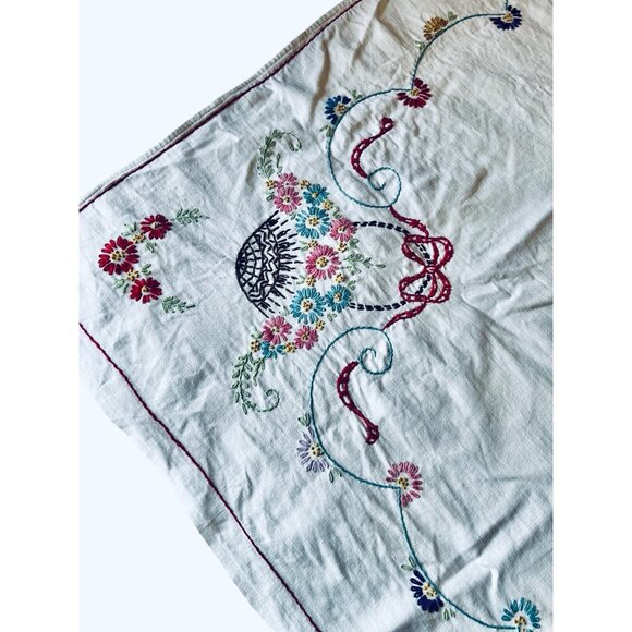 Vintage Hand-Embroidered Floral Tablecloth 50" X 45" Rectangular Cotton Linen Bl - Picture 3 of 11